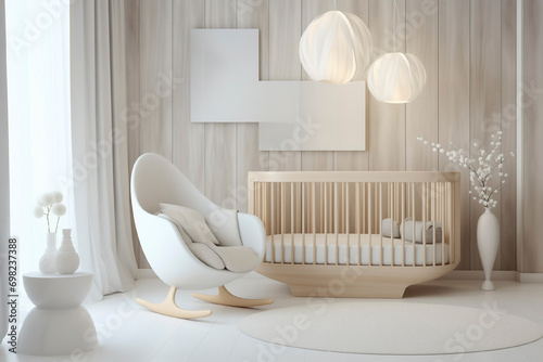 Interior of a bright modern children's or baby room, crib, armchair and decor, minimalism concept photo