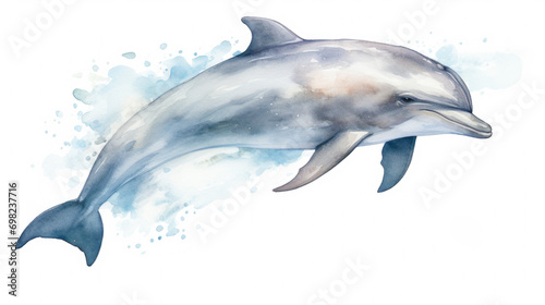 Vibrant watercolor painting capturing lively moment of dolphin leaping out of water. Perfect for aquatic-themed designs or projects.