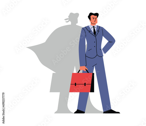 Business man with silhouette of superman shadow, vector leadership manager with a red briefcase, crisis management