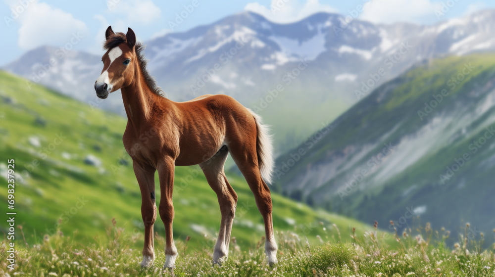Brown horse stands on top of lush green hillside. This image can be used to depict freedom, nature, or rural landscape.