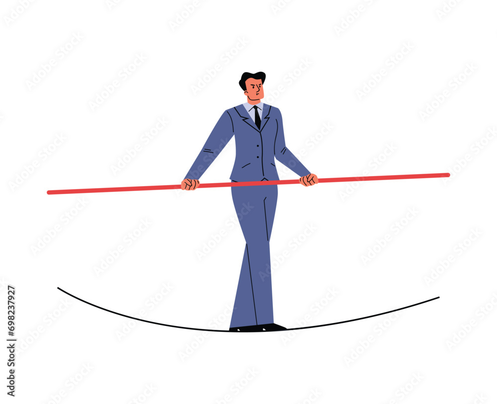 Confidence businessman leader danger walk balance on rope on high, crisis and risk management, success strategy concept