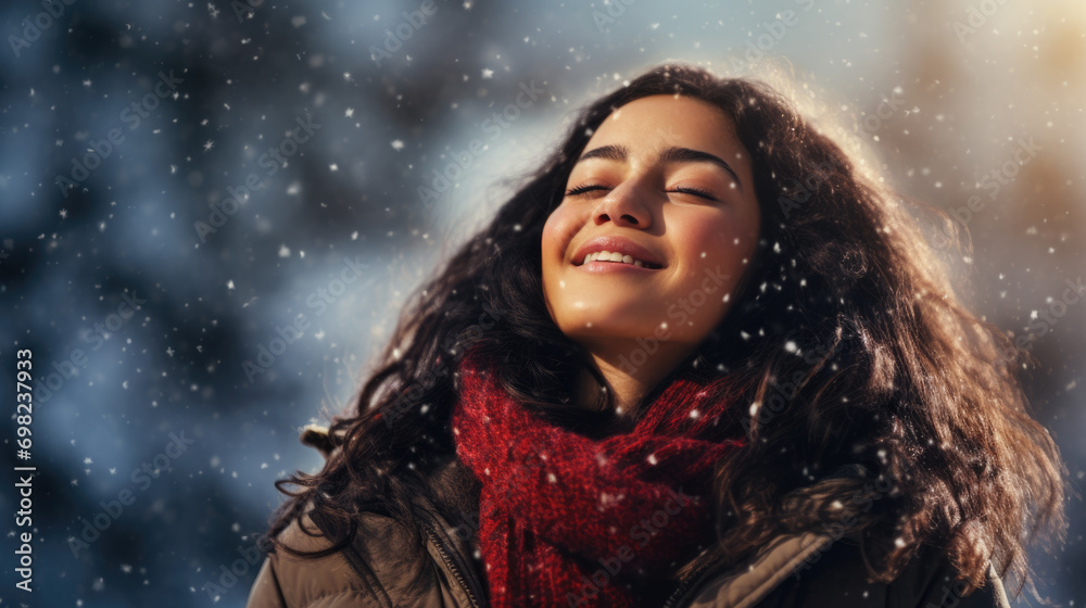 Woman with closed eyes smiling in snow. Perfect for winter-themed projects. Woman with closed eyes smiling in snow. Perfect for winter-themed projects.