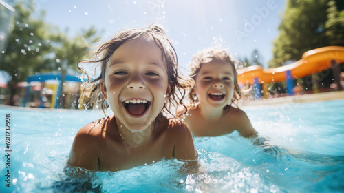 little laughing children playing in a water park  a child splashing in a summer outdoor pool  portrait  toddler  kid  person  entertainment  vacation  emotional face  smile  joy  happiness