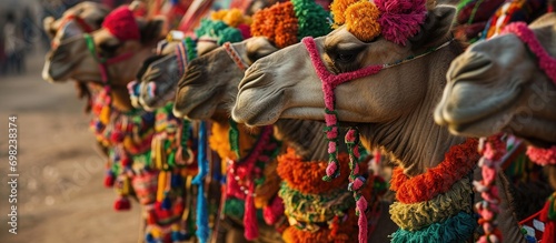 Camels adorned at Pushkar's camel fair.