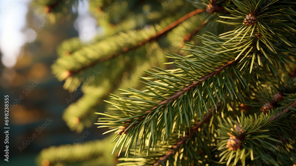 Detailed view of single branch from pine tree. This image can be used to illustrate nature, forestry, or environmental concepts.