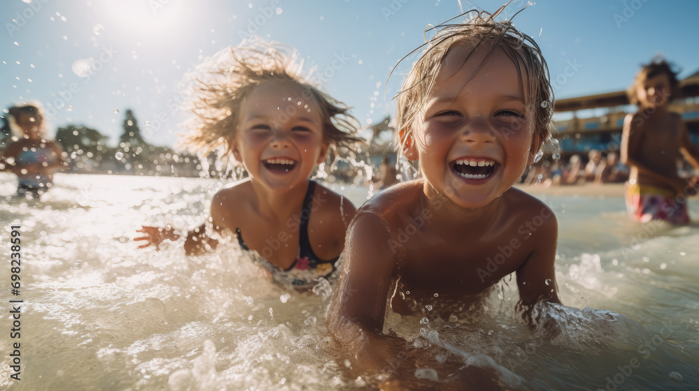 little laughing children playing in a water park, a child splashing in a summer outdoor pool, portrait, toddler, kid, person, entertainment, vacation, emotional face, smile, joy, happiness little laughing children playing in a water park, a child splashing in a summer outdoor pool, portrait, toddler, kid, person, entertainment, vacation, emotional face, smile, joy, happiness
