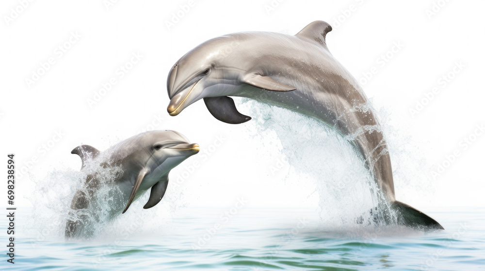 Obraz premium Two dolphins leaping out of water. Perfect for marine life and nature concepts.
