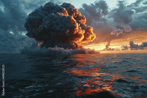 volcanic eruption at sunset, a powerful ash cloud rising above the churning ocean. Concept: illustrations of natural disasters, geology and scenarios of apocalyptic events
