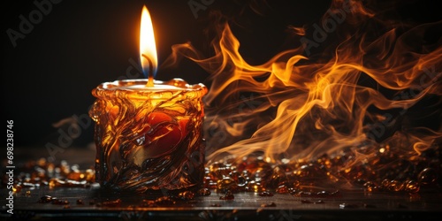 captivating close-up shot capturing the flickering flame of a burning candle wick against a dark wall. 