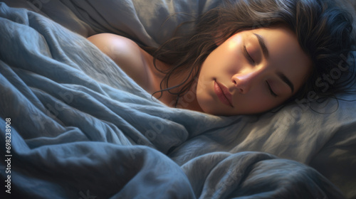 Woman peacefully sleeping with her eyes closed. Suitable for sleep-related themes and relaxation concepts.