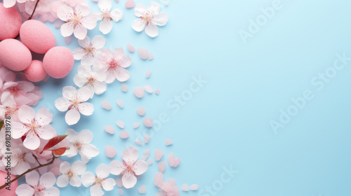 Blue background with pink and white flowers and eggs. Perfect for Easter-themed designs and springtime projects.