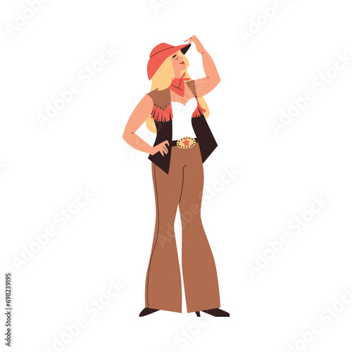 Beautiful cowgirl adjusts her hat, vector vintage swag cowgirl, blonde woman dressed in American wild western style