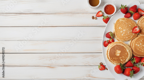 Delicious stack of pancakes topped with fresh strawberries. Perfect for breakfast or brunch.