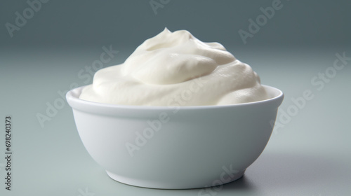White bowl filled with whipped cream on top of table. Suitable for food and dessert-related designs.