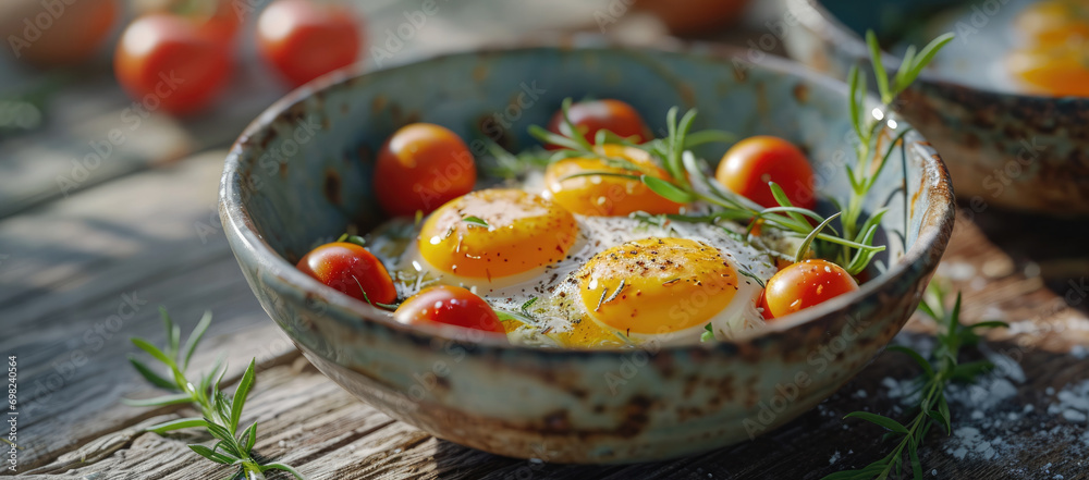 Fried eggs with tomato and herbs Fried eggs with tomato and herbs