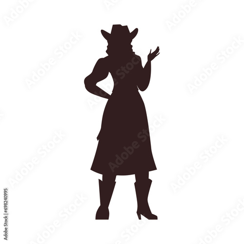 Dark brown silhouette of cowgirl in hat and long skirt flat style