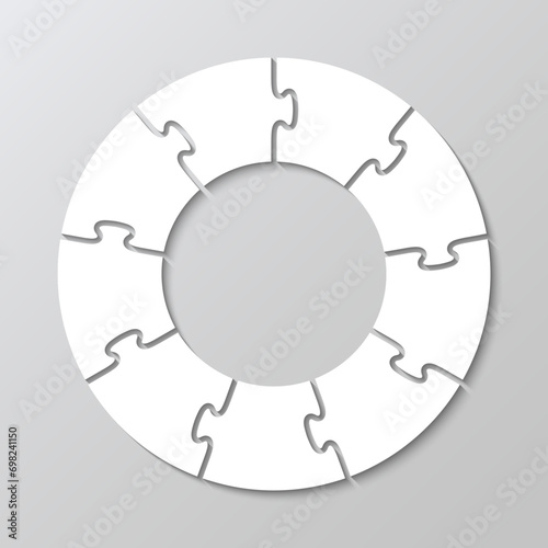 Scheme of circular thinking game. Puzzle grid in circle. Jigsaw dimple frame tiles. Pieces cutting template. Modern background mosaic details. Vector illustration.