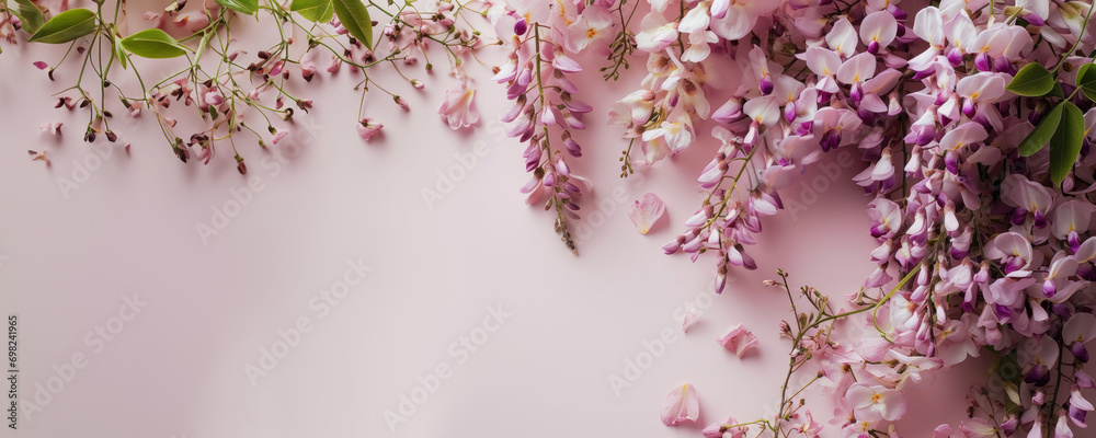 Wisteria flowers framing a solid pastel background