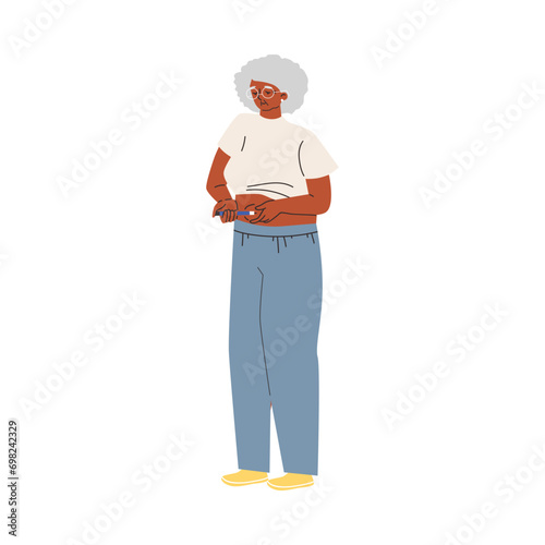 Senior woman confidently self-administers insulin injection into belly, vector diabetes control and healthcare treatment
