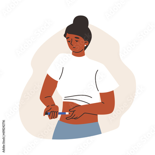Woman giving self injection into the abdomen flat vector illustration isolated.