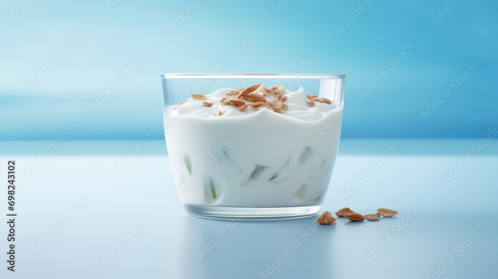 Glass filled with creamy yogurt and topped with crunchy granola. Perfect for healthy breakfast or snack.