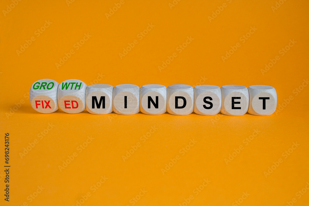 Concept red words Growth mindset and Fixed mindset on wooden cubes. Beautiful orange background. Business growth or fixed mindset concept. Copy space.
