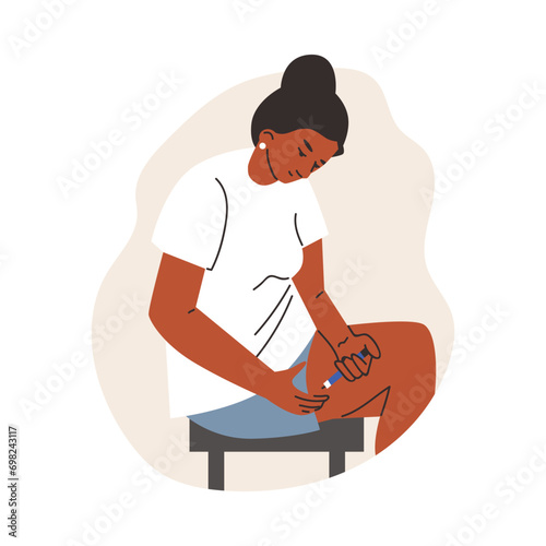 Woman making self injection into leg flat style, vector illustration