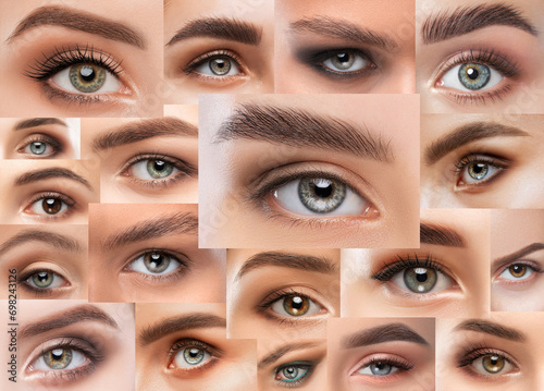 Collage of beautiful female eyes.Long-lasting styling of the eyebrows Eyebrow lamination.Procedure of lamination and dyeing of eyelashes. Eyelash extensions. photo