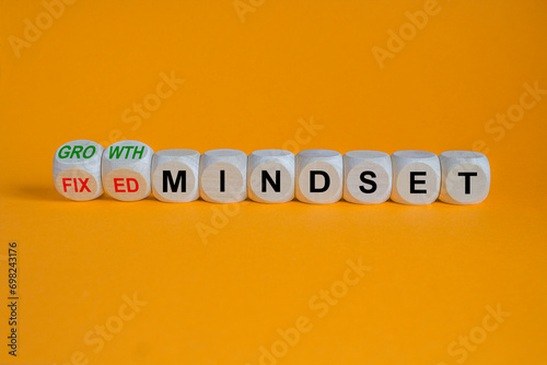 Concept red words Growth mindset and Fixed mindset on wooden cubes. Beautiful orange background. Business growth or fixed mindset concept. Copy space.