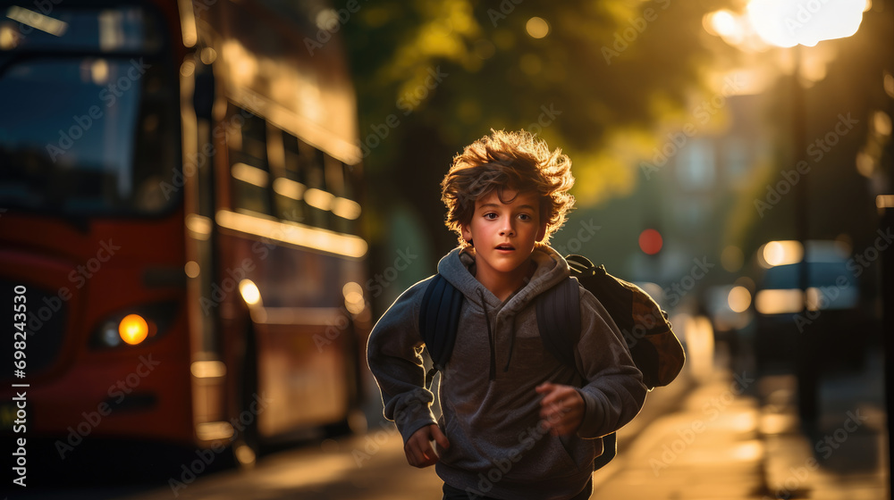 Fototapeta premium The child is late for school.