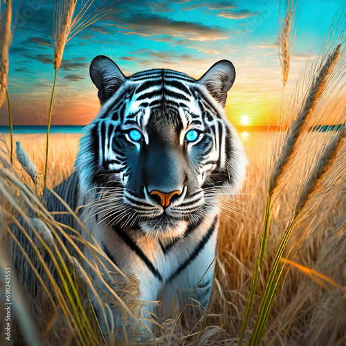 A portrait of a black and white Tiger with beautiful blue eyes looking straight in a wheat field.