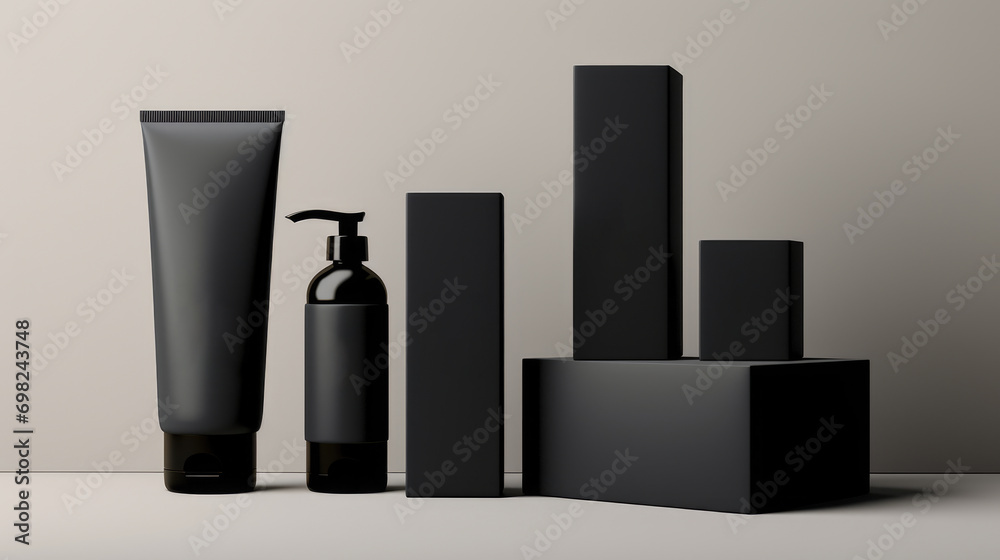 Bottle of lotion and tube of lotion on table. Suitable for beauty and skincare themes. Bottle of lotion and tube of lotion on table. Suitable for beauty and skincare themes.