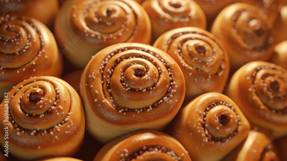 Close-up view of bunch of cinnamon buns. Perfect for food blogs, recipe websites, or bakery promotions.