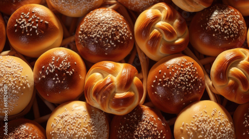 Pile of bread buns with sesame sprinkles. Perfect for bakery promotions or food-related projects.