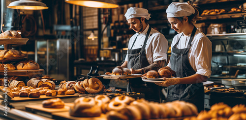 Bakers in a bakery with bread