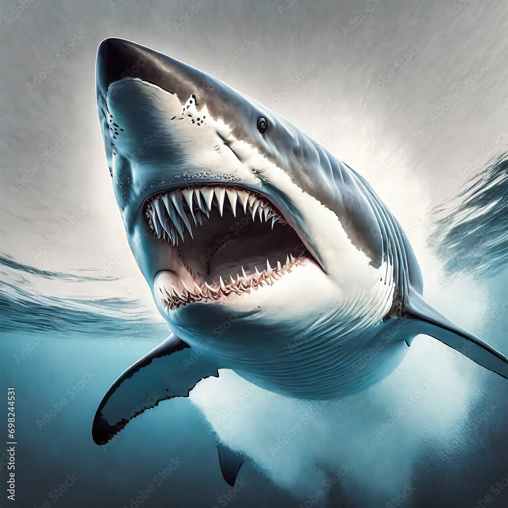 Obraz premium A very extreme Close up of a massive Great White Shark with its mouth wide open attacking.
