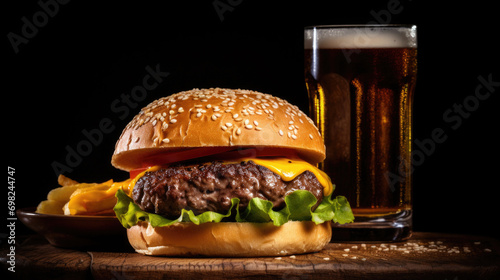 Delicious hamburger with fresh lettuce, juicy tomato, melted cheese, and refreshing glass of beer. Perfect for barbecues, picnics, or casual dining. .