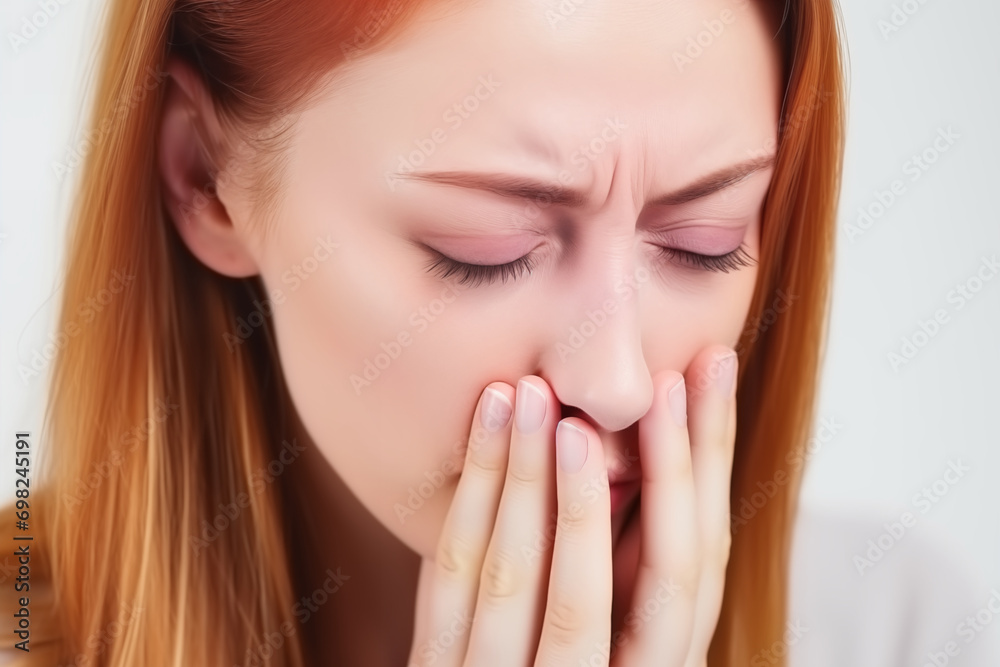 Unhappy sad girl suffering from fever and flu, blowing nose and sneezing in napkin, need treatment of illness Unhappy sad girl suffering from fever and flu, blowing nose and sneezing in napkin, need treatment of illness