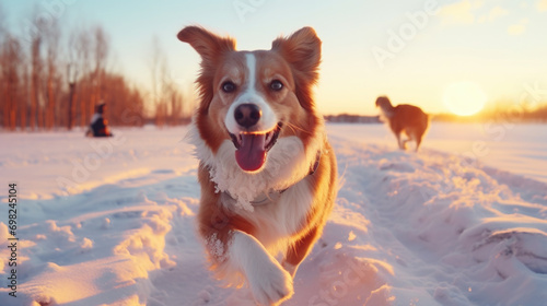 Brown and white dog running in snow. Perfect for winter-themed designs or pet-related projects. © vefimov