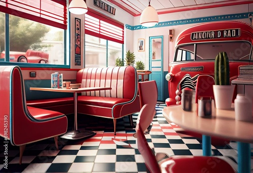 Retro cafe, american diner interior with tables, red sofas. 3d illustration. Generative AI photo