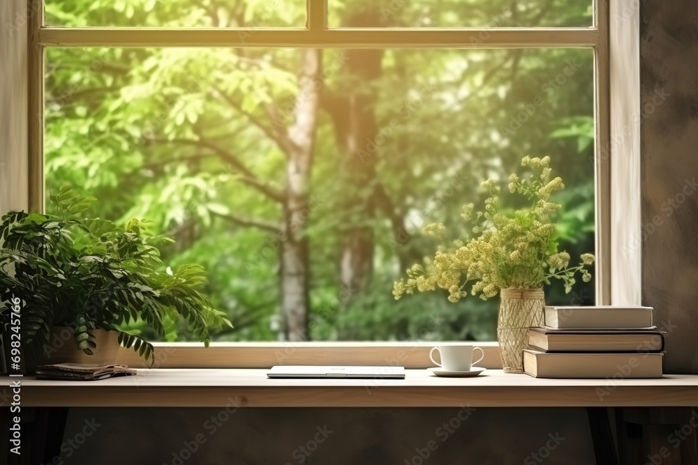 view of the window in green with wood windowsill view of the window in green with wood windowsill