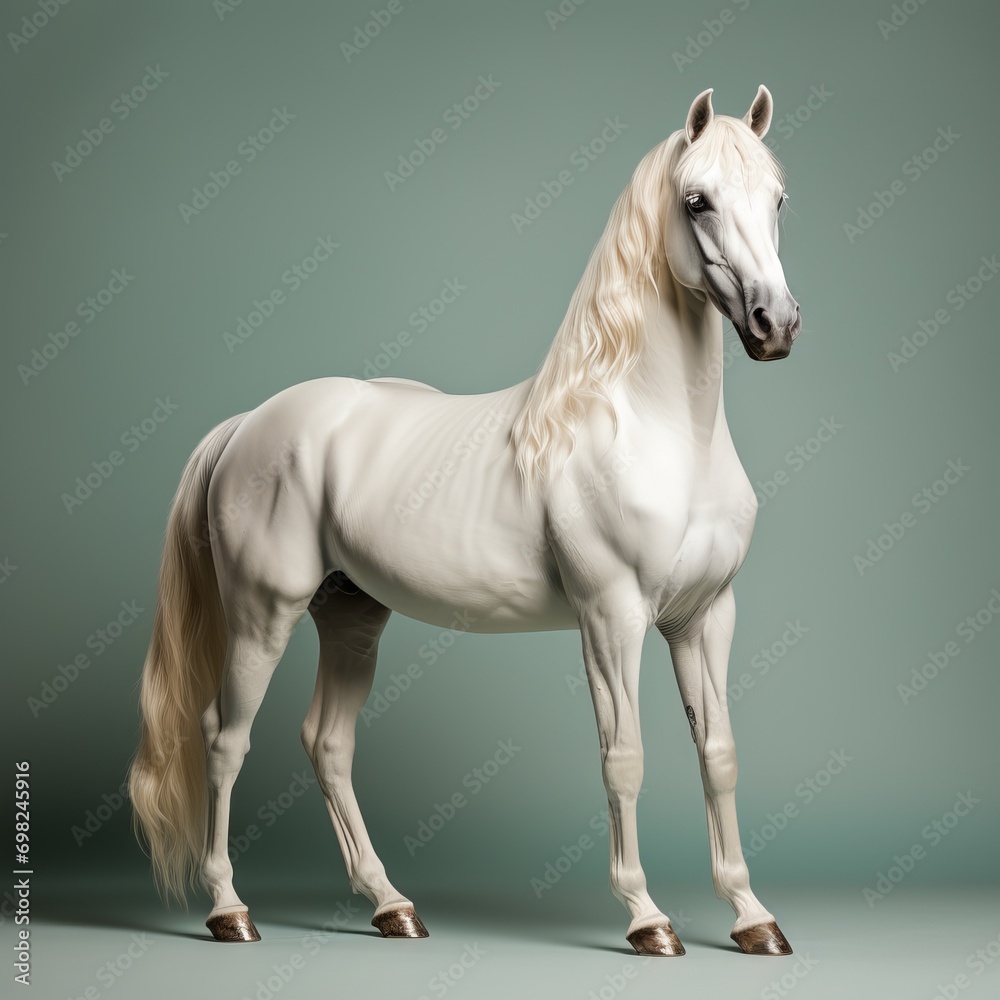 Side portrait of a graceful white horse with a shiny mane on a solid greenish-gray background. Concept: horse breeding, nature magazine covers and advertisements for grooming products.
