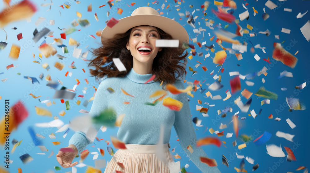 Woman wearing hat joyfully throws confetti. Perfect for celebrations and festive occasions.