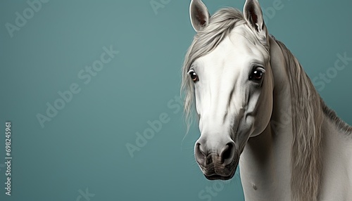 Side portrait of a graceful white horse with a shiny mane on a solid greenish-gray background. Concept: horse breeding, nature magazine covers and advertisements for grooming products.
