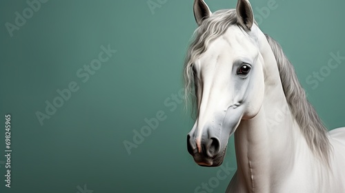 Side portrait of a graceful white horse with a shiny mane on a solid greenish-gray background. Concept: horse breeding, nature magazine covers and advertisements for grooming products.
 photo