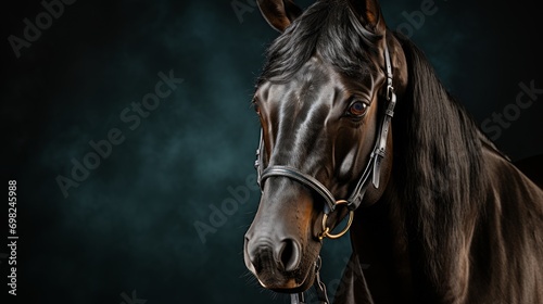A black stallion with shiny coat and a bridle on its muzzle on a dark background with soft bokeh. Concept: equestrian sport, animal equipment 