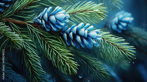 Close up view of pine tree with blue cones. Perfect for nature and botanical themes.