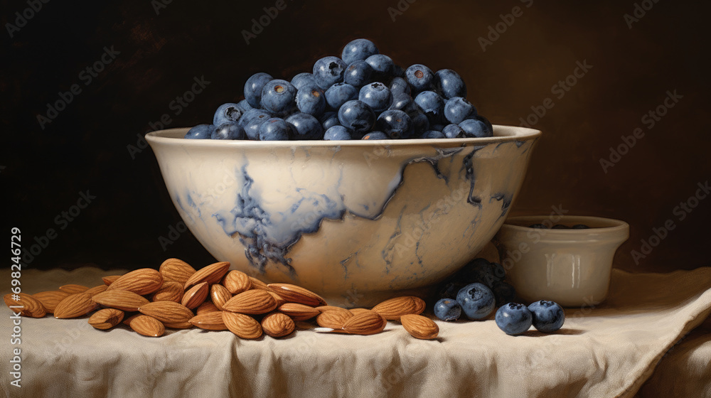 Bowl of blueberries and almonds sitting on table. Perfect for illustrating healthy snack or breakfast option. Bowl of blueberries and almonds sitting on table. Perfect for illustrating healthy snack or breakfast option.