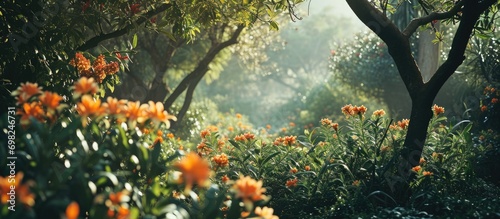 A garden with African Tuliptree, Spathodea campanulata, displaying orange flowers. photo