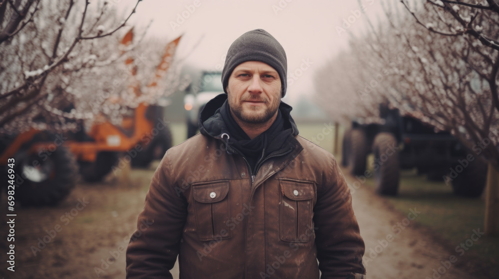 Man standing confidently in front of tractor in vast field. Suitable for agricultural, farming, and rural lifestyle themes. Man standing confidently in front of tractor in vast field. Suitable for agricultural, farming, and rural lifestyle themes.
